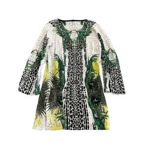 Alberto Makali Women's White & Green Animal Print Tunic Blouse Size Medium